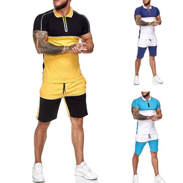 

men's tracksuits men two pieces t shirt shorts short sleeve stripe stitching male suit casual tracksuit set sweatsuit patchwork mens se, Gray