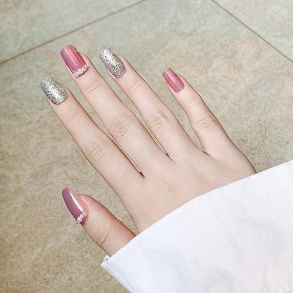 

false nails 24pcs silver color fake nail patch rhinestone inlaid glue type removable long paragraph fashion manicure ldo99, Red;gold