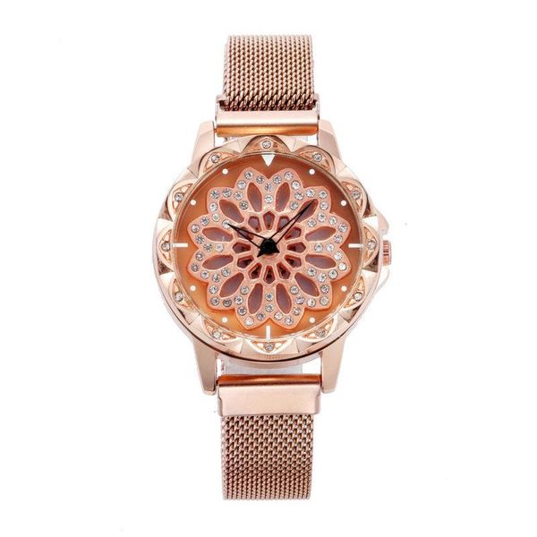 

wristwatches women's watch fashion hollow gold flower-shaped dial magnetic buckle mesh strap quartz brand, Slivery;brown