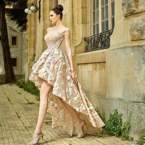 Abito da sera chic Abito da ballo formale con schienale alto e basso Abito da ballo con applicazioni di fiori 3D Perline in organza increspata Abiti da donna per occasioni speciali Robe De Soiree