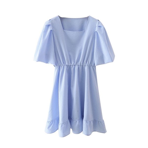 

sweet women v neck draw back dress summer fashion ladies college style female blue check puff sleeve mini 210515, Black;gray