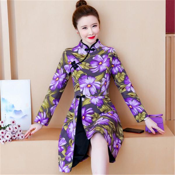 

casual dresses spring autumn women's dress improved cheongsam vintage print big size slim female qipao long sleeve flowers ladies, Black;gray