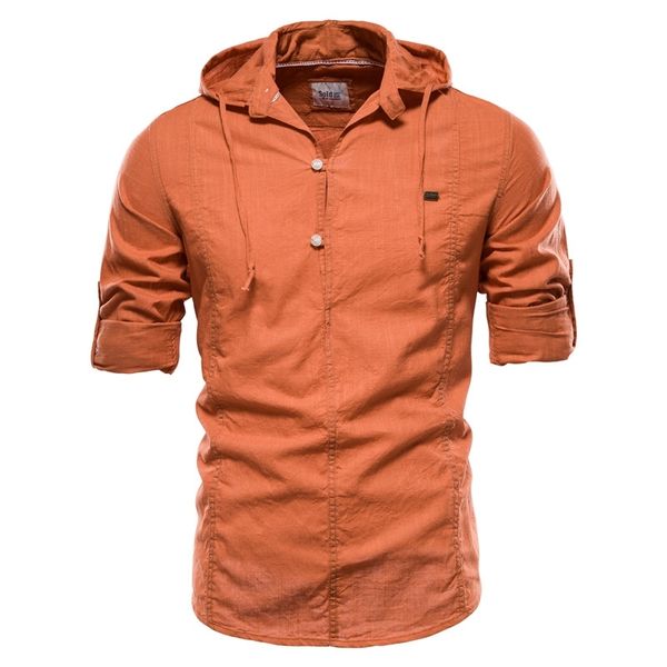 Design Camicia di lino a maniche lunghe con cappuccio da uomo Camicia da uomo tinta unita 100% cotone di qualità per uomo Streetwear Camicie da uomo 210628