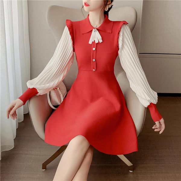 

casual dresses 2021 all-match french elegant thin stitching knitted dress autumn lapel long-sleeved female trend, Black;gray