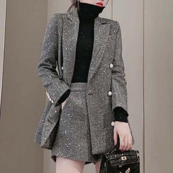 

women's tracksuits 2021 spring women fashion 2 two pieces sets female long sleeve coats and solid shorts ladies set q219, Gray