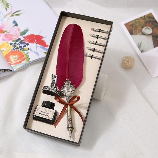 

british european wine red turkey feather pen high-grade writing stationery gift metal 5 tip box fountain pens