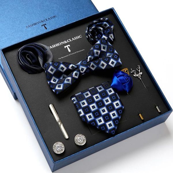 

bow ties mens tie blue black 100% silk classic gravata bowtie+hanky+brooch+cufflinks &tie clip set for men formal wedding party, Black;gray
