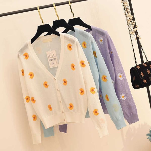 

women's sweaters summer finely embroidered daisy ice cardigan t-shirt air conditioning cable with slings skirt large size vuuh, White;black
