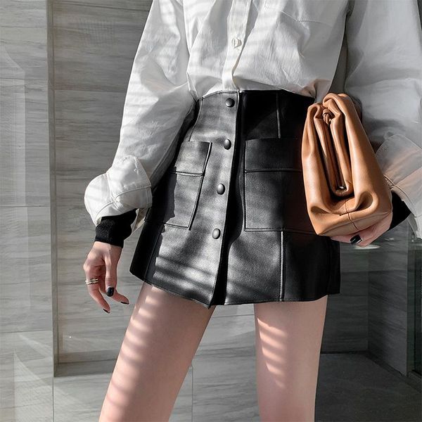 

[deat] 2021 autumn fashion women's leather skirt mini length a-line office lady solid slim wild button with pockets tx221 skirts, Black