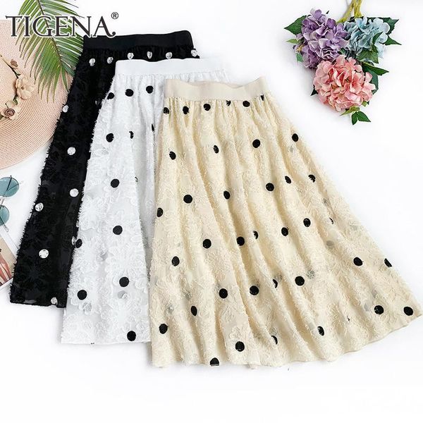 

skirts tigena elegant embroidery midi long women 2021summer chiffon polka dot skirt female high waist pleated sun school, Black