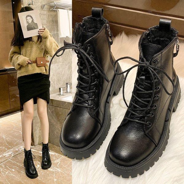 

boots autumn velvet women's british style martn zipper winter cotton shoes leather wild high-m9-92, Black