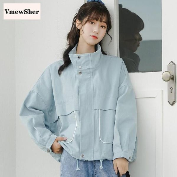 

vmewsher spring autumn women short cargo jacket casual sweet stand collar long sleeve loose coat fashion pockets outwear 2021 women's j, Black;brown