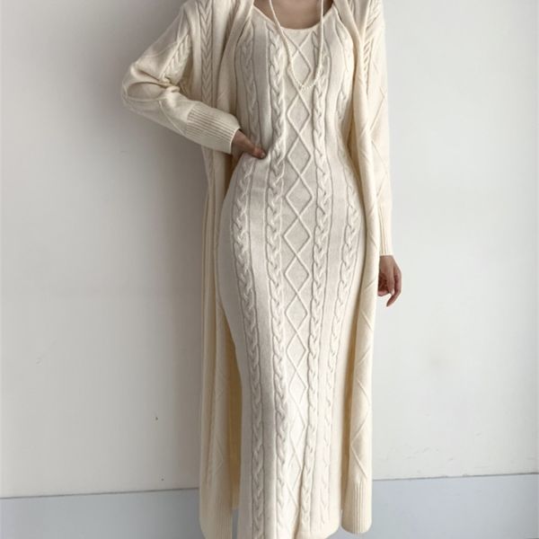 

dress sets woman apricot knitting cardigan + twist dress autumn korean oversized khaki solid warm knitted 2 piece suits winter 211101, White