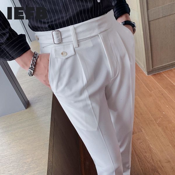 Britânica Britânica de IEFB Casual Slim Fit Calças Tendência Formal Coreano Moda Ankle Comprimento Straight White Terno Calças 9Y6672 210524