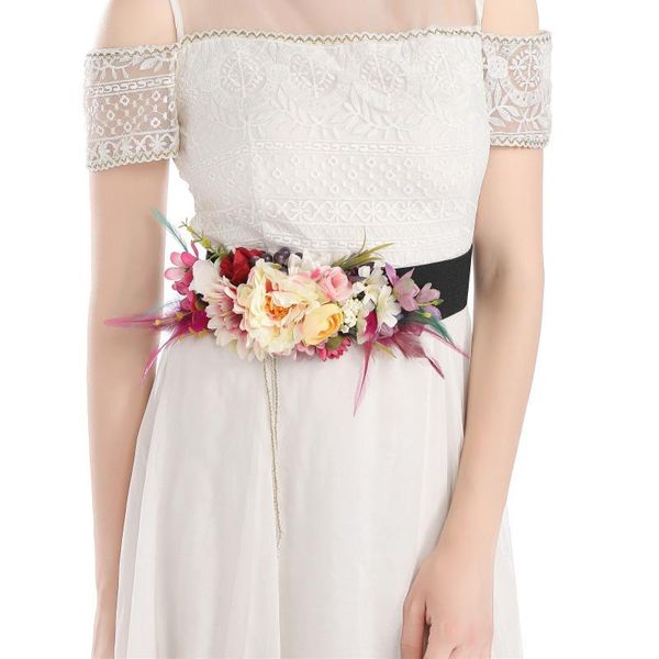 

belts romantic bridal flower elastic wide woven for women dress floral seaside beach travel decorative lady girls, Black;brown