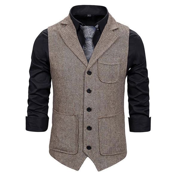 

men suit vest fashion korean multiple pockets herringbone tweed mens waistcoat formal business slim fit sleeveless jacket, Black;white