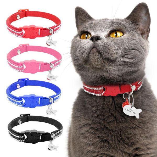 

cat collars & leads collar personalized accessories crystal cats products for pets quick release rhinestone leather kitten with id tag