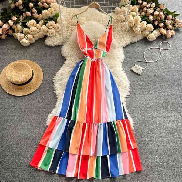 Sommer Casual Weibliche Patchwork Bunte Strand Kleid Sexy Frauen Spaghetti Strap Backless Lange Fee 210430