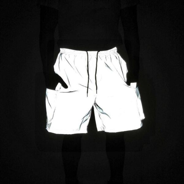 

reflective cargo shorts men women night run fluorescence mens muliti-pocket hip hop harajuku joggers elastic waist short pants men's, White;black