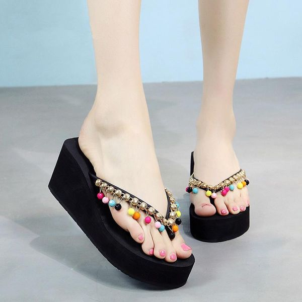 

slippers handmade women princess shoes girls female beach colorful bead flip flops zapatos de mujer home wedges, Black