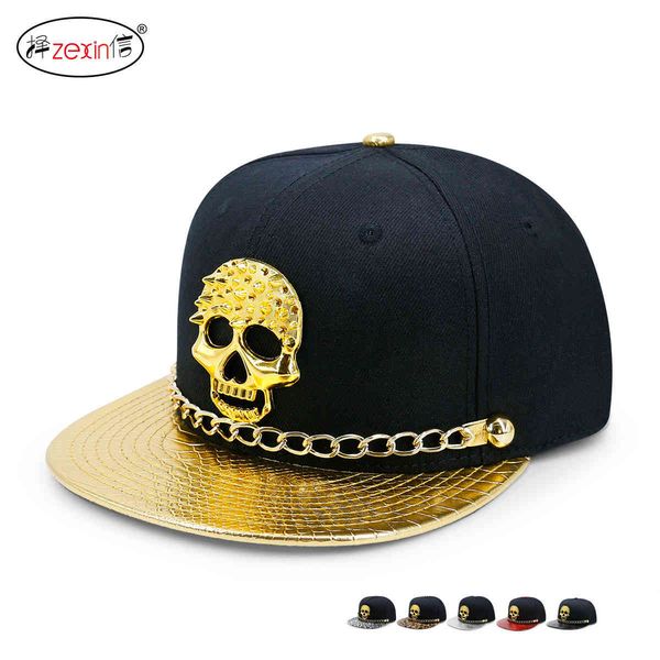 

punk style gold leather with chain button skull rivet baseball hip hop flat brim hat, Blue;gray