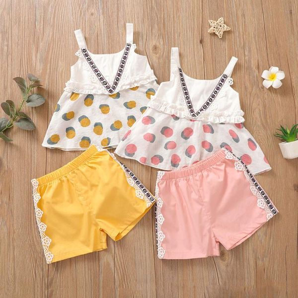 

clothing sets pudcoco lovely baby's shorts set sleeveless round neck lace fruit print solid color elastic head for summer 1-4 years, White
