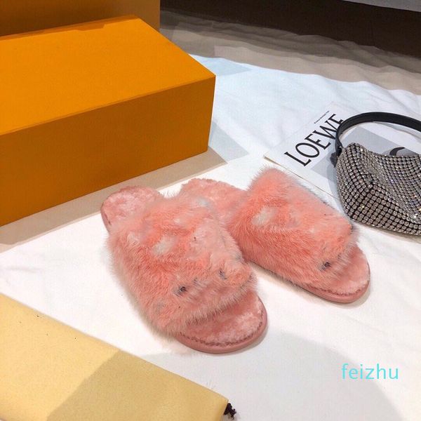 

lastest luxurious mink fur women slippers soft flat open-toe slip-on mules with oversized initials fashion lightweight homey mule furry wool, Black