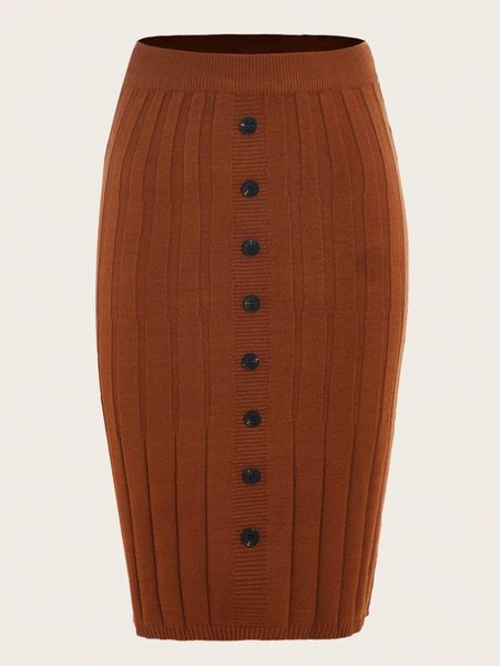 

plus solid button front knit skirt m5e9#, Black