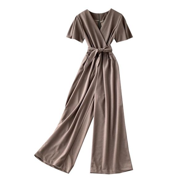 

women's pants & capris v-neck jumpsuit spring autumn short sleeve drop feeling wide leg lacing waist straight high ml537, Black;white