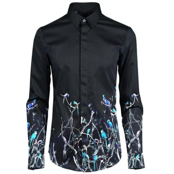 

minglu luxury bird print men shirt fashion multicolor printed long sleeve mens dress shirts plus size casual slim fit men's, White;black