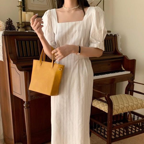 

casual dresses hanfan 2021 summer french style bubble sleeve square neck slim stripe dress, Black;gray