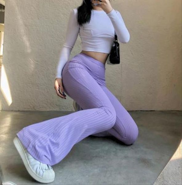 

spring summer elegant slim womens capri knitted ribbed flare casual high waist trousers vintage bottoms laides purple sweatpants, Black;white
