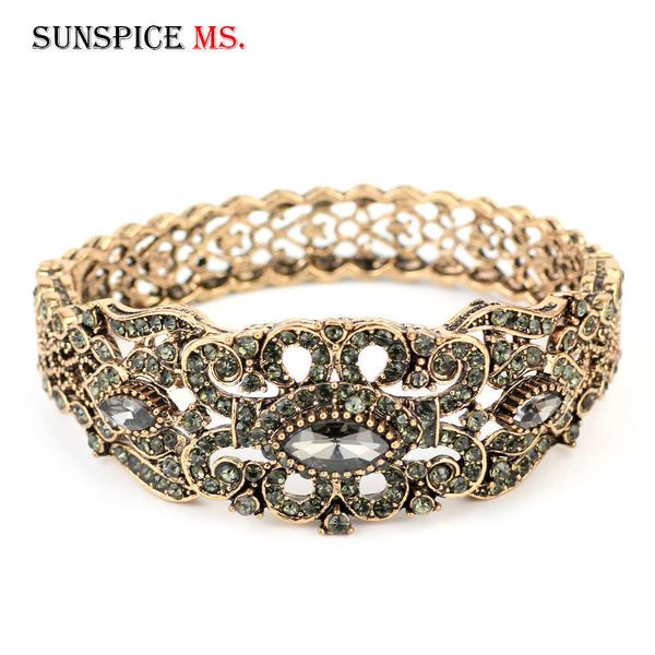 

sunspicems full grey crystal flower bangle turkish cuff bracelet for women antique gold color ethnic wedding jewelry bridal gift q0719, Black