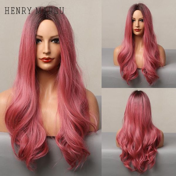 

ombre black rose red pink wig long wavy synthetic for women middle part cosplay party daily high temperature wigs