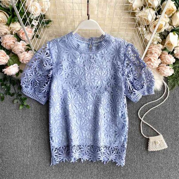 

summer wear for women fashion round neck retro court hollow lace shirt short sleeve blouse m914 210527, White