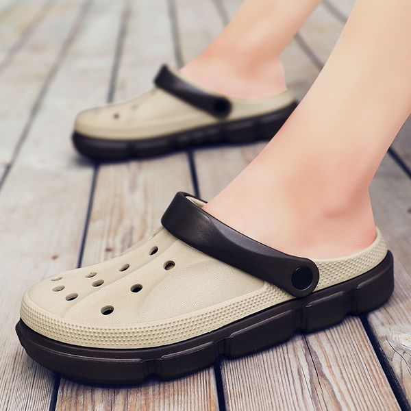 

men's hole slippers men's trendy outdoor beach shoes non slip soft soled big sandals, Black