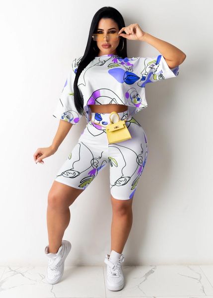 

women's tracksuits fashion casual women outdoor home round neck printed short-sleeved two-piece spring and summer shorts, Gray