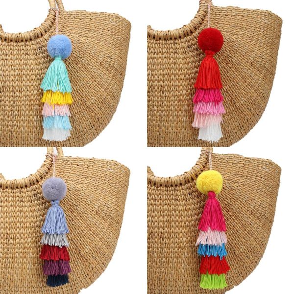 

women handbag charms pompons keychains with colorful tassel keyring gift rainbow jewelry for bohemian, Silver