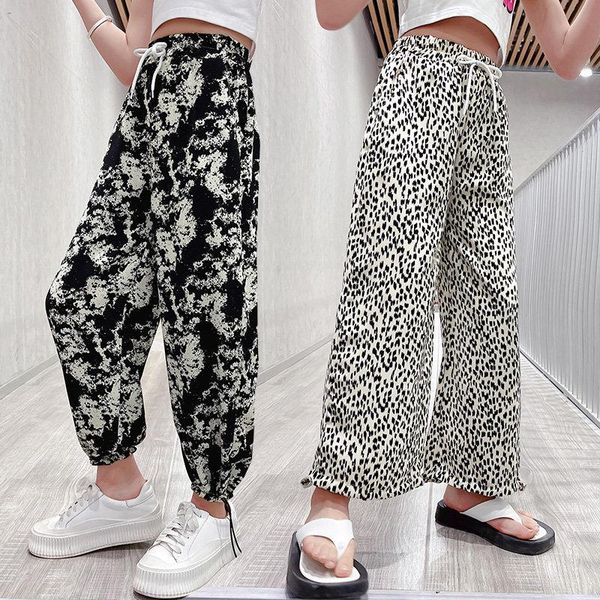 

trousers pants for girls fashion leopard print and paint-splashing pattern summer kids teenage ankle 4 5 7 8 9 10 11 13years old, Blue