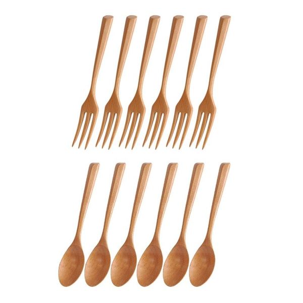 

forks 12 pcs kitchen tableware dinnerware flatware healthy and reusable wooden cutlery, 6 wood & spoons