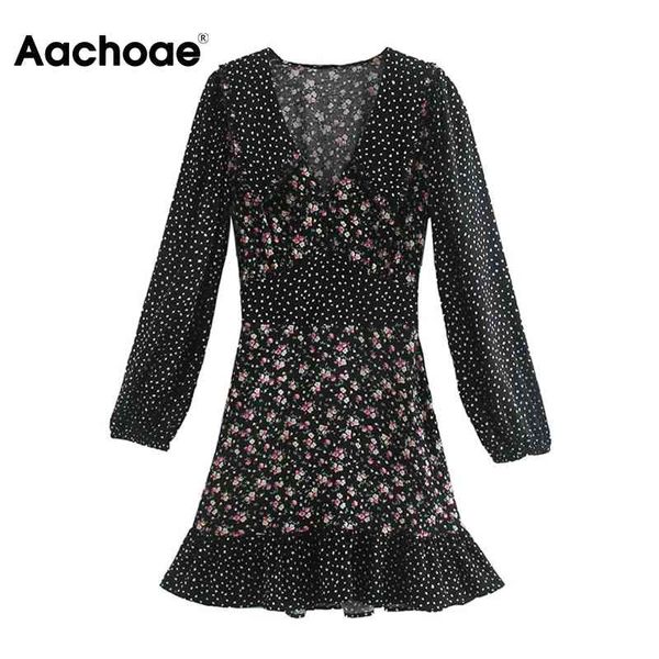 

aachoae chic floral and dot print patchwork mini dress women vintage long sleeve ruffles dress ladies a line party dresses 210413, Black;gray