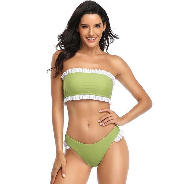 

women's swimwear ruffled strapless two pieces swimsuit bikini women summer tube split thong skinny beach holiday feminine biquini, White;black