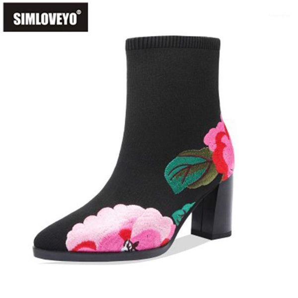 

boots simloveyo woman spring autumn ankle pointed 7cm toe hoof heels embroidered flower plus size 34-41 elegant party b18861, Black