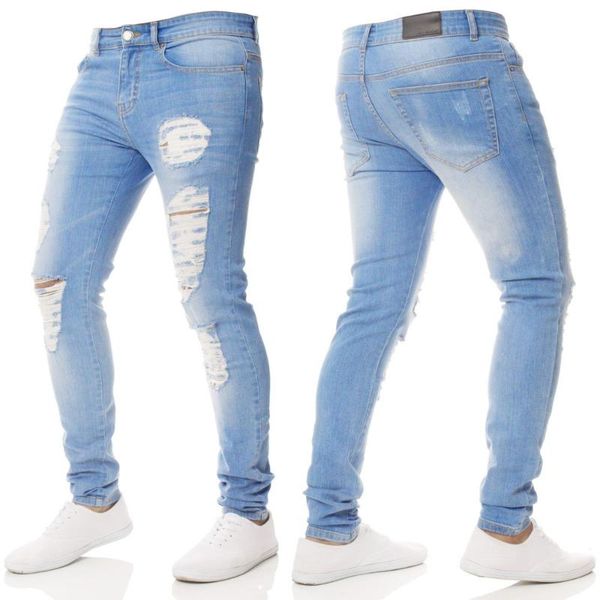 

men's jeans fashion ripped slim biker zipper denim skinny frayed pants distressed rip trousers personality fit, Blue