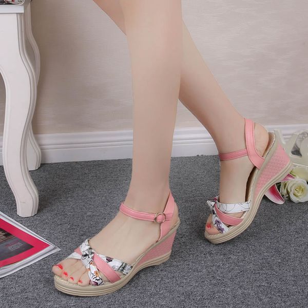 

sandals open toe leisure buckle platform wedges women ankle strap print ladies shoes high front rear summer bwib, Black