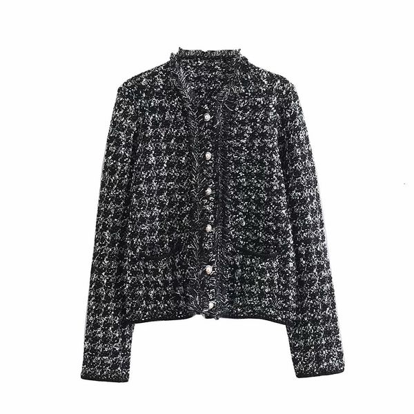 

women's down & parkas women fashion pockets frayed trims tweed jacket coat vintage o neck long sleeve female outerwear chic a, Black