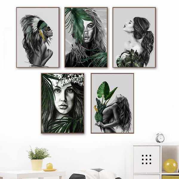 

paintings abstract watercolor canvas painting print hd picture poster green plant woman wall art living room bedroom bedside home decor