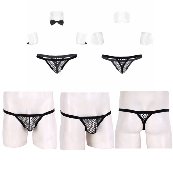 

mens porno maid roleplay lingerie set transparent fishnet bikini thong+ collar cuffs servant uniform erotic cosplay costume, Black;white