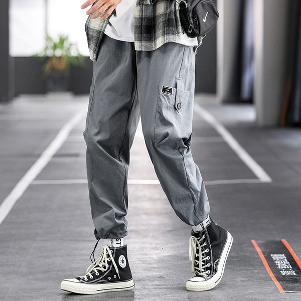 

harajuku cotton multi-pockets joggers fashion cargo men hip hop streetwear elastic pants, Black