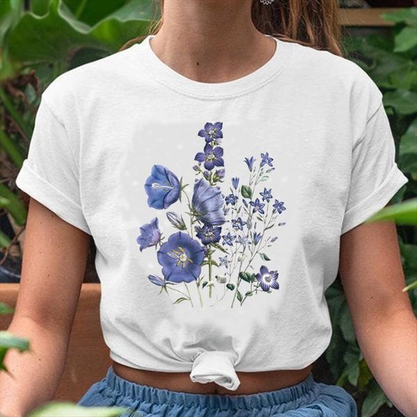 

graphic fashion floral flower womens t shirt 90s spring summer printing short sleeve lady clothes tees print female, White
